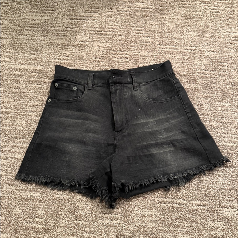 Black Jean Shorts with Frayed Hem and High-Waisted Fit